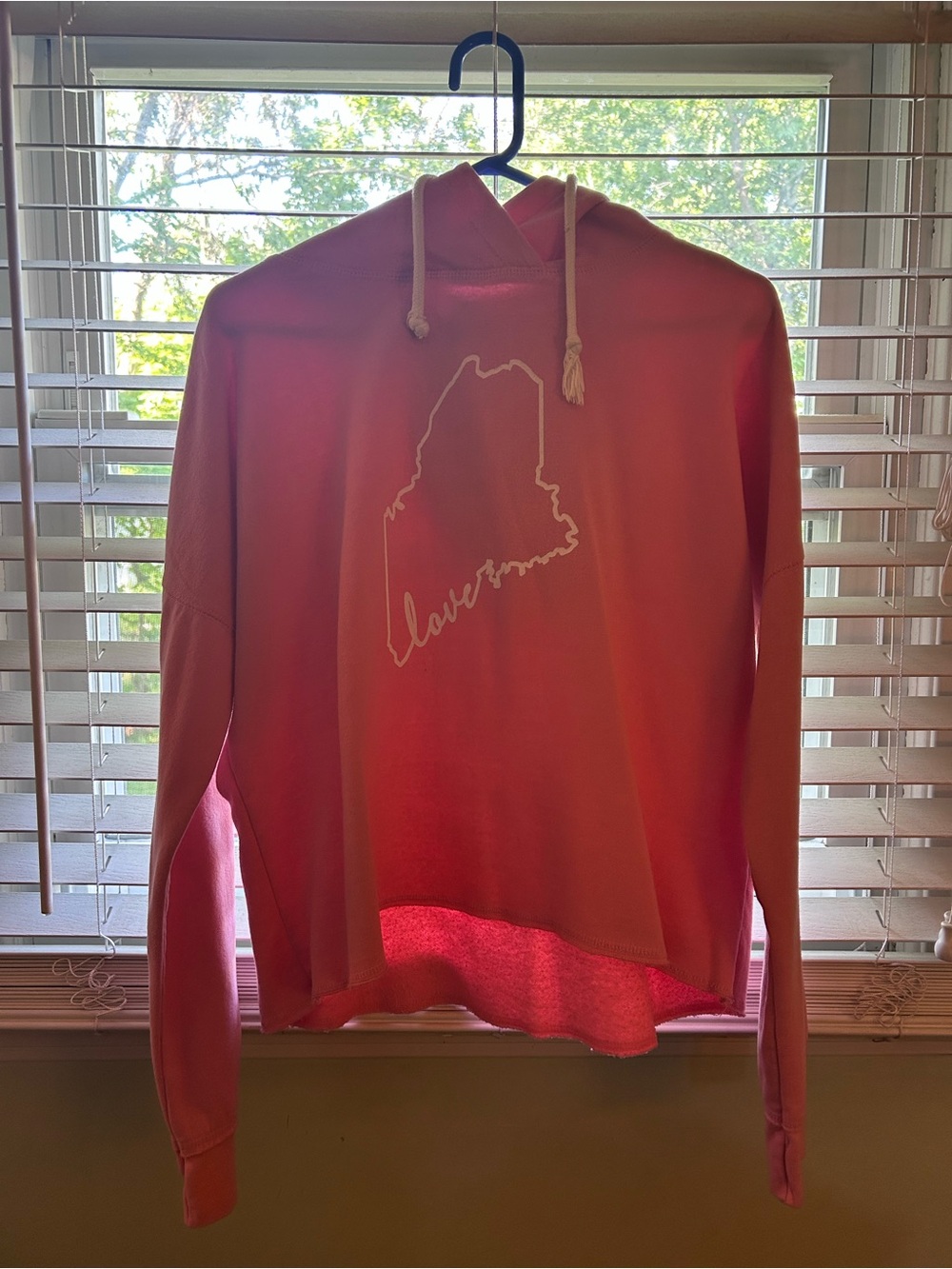 Pink Pullover Cropped Hoodie, State of Maine Outline with “love” part of outline